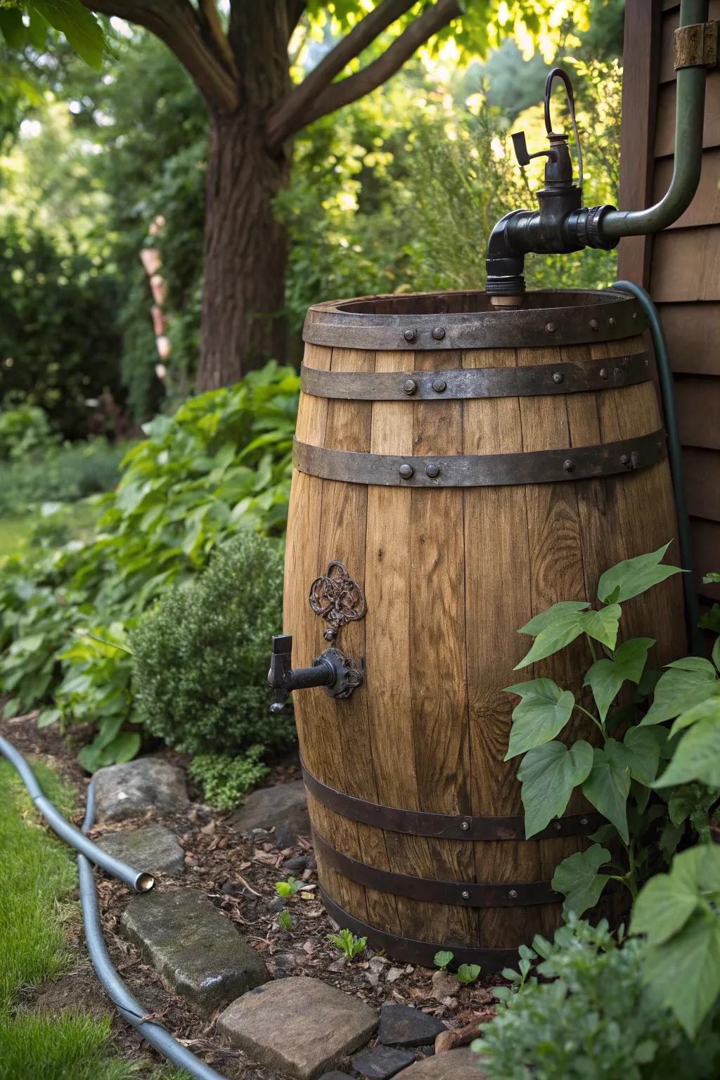 Harness nature's bounty with a handcrafted rain barrel for a constant flow of fresh water.