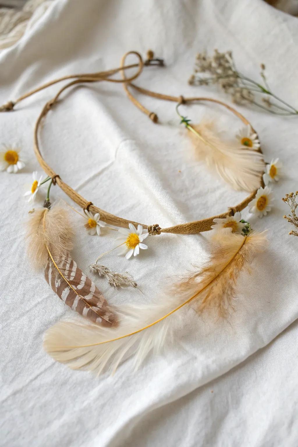Embrace nature's elegance with this DIY choker featuring feathers and dried flowers. Perfect for adding a touch of whimsy to any outfit!