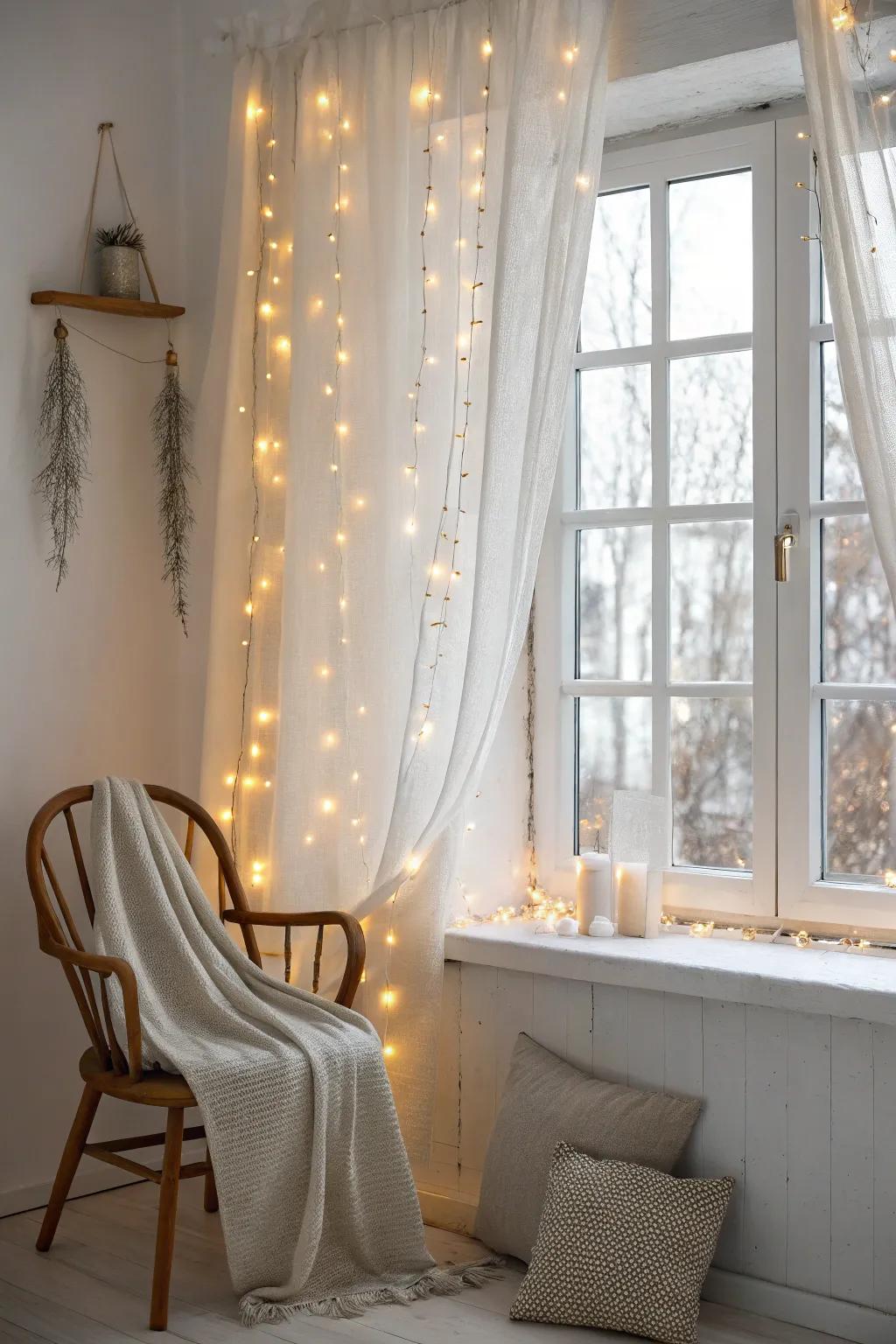 Illuminate your space with a cascade of fairy lights for an effortlessly elegant Christmas window.