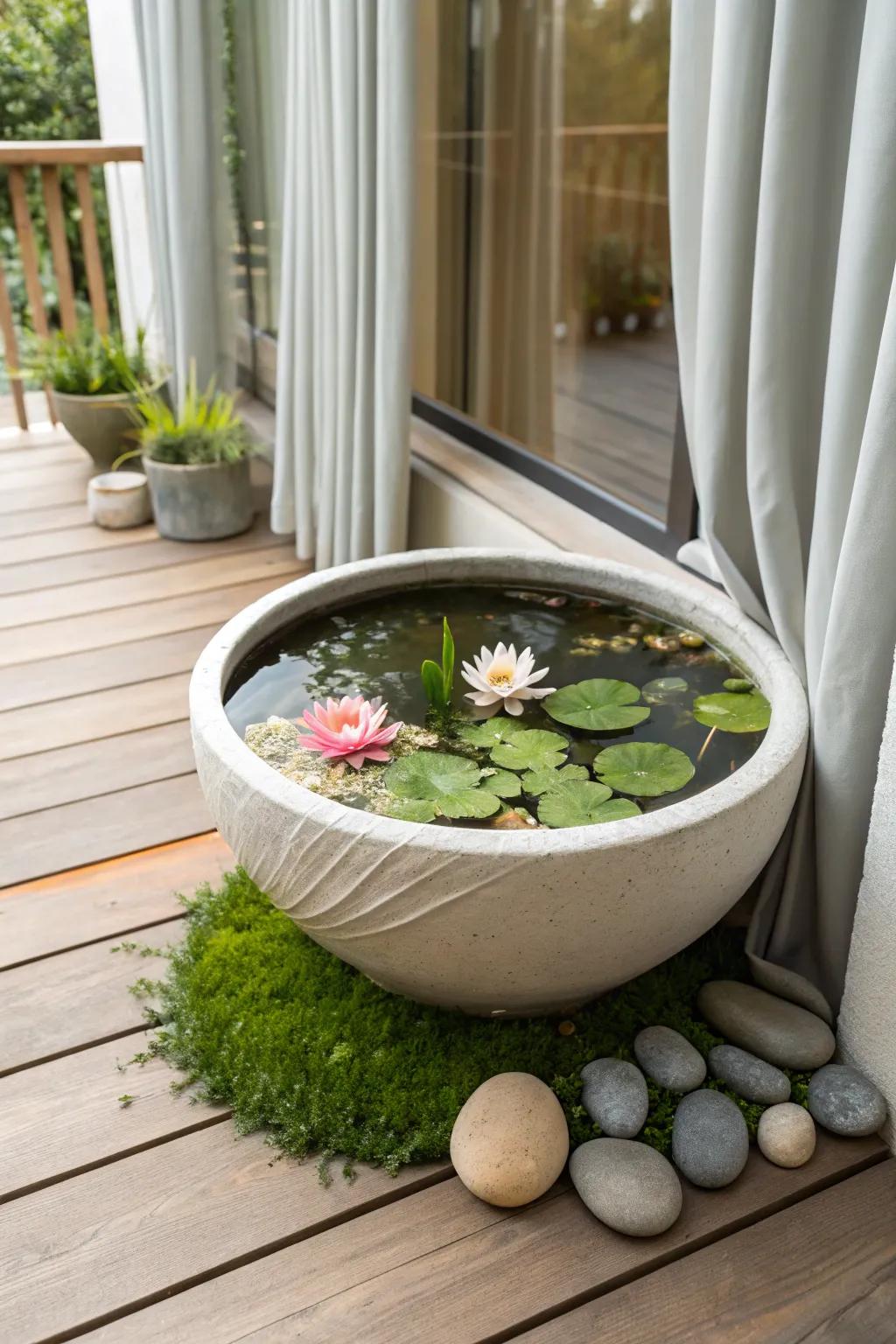 Bring a serene oasis to your balcony with a compact container pond; perfect for adding a splash of nature to urban living spaces.