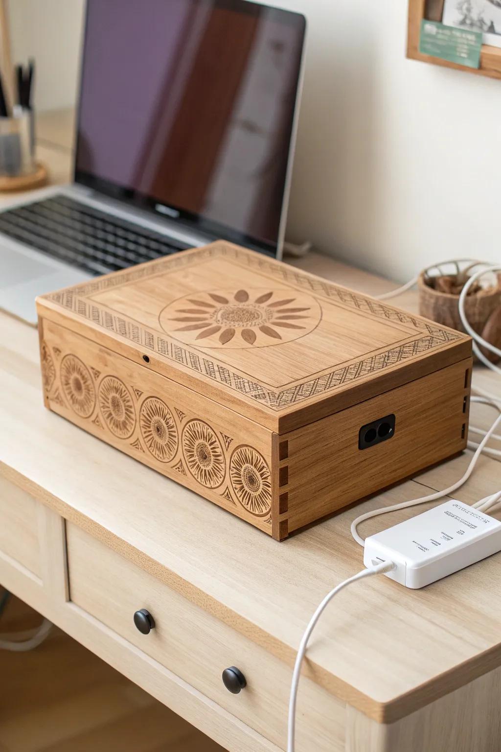 Transform your workspace with a touch of elegance: hide your cords in style with this minimalist decorative box.