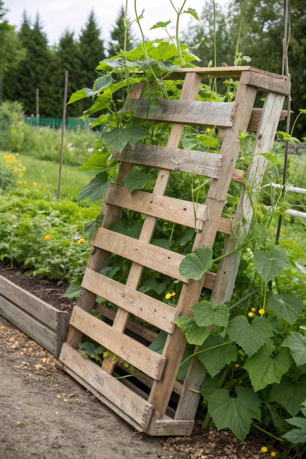 Elevate your garden's charm with a rustic pallet trellis—where simplicity meets nature's beauty.