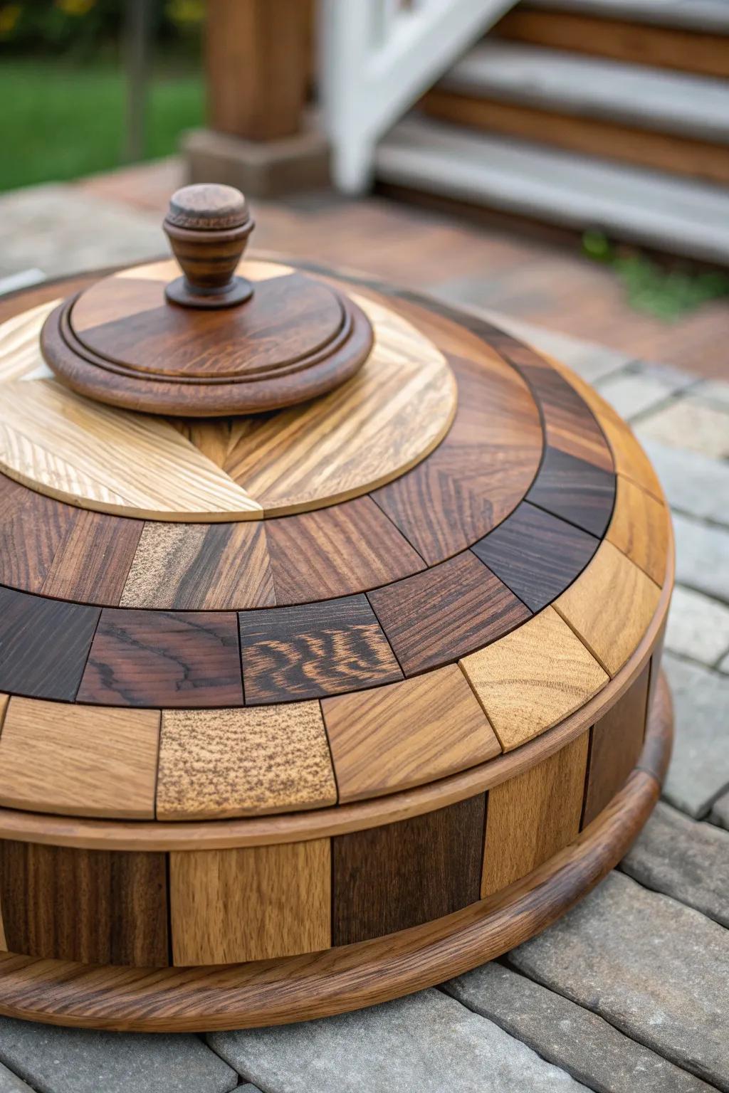 Elevate your outdoor space with a handcrafted multi-layered wood firepit cover that exudes timeless craftsmanship.