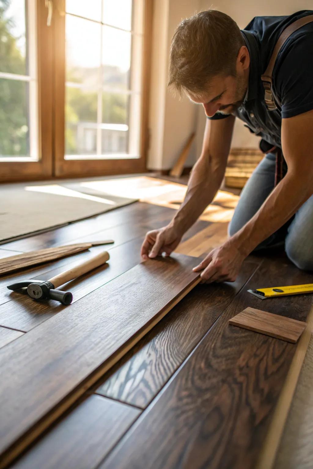 Mastering the art of DIY: Transform your space with the elegance of a floating hardwood floor.