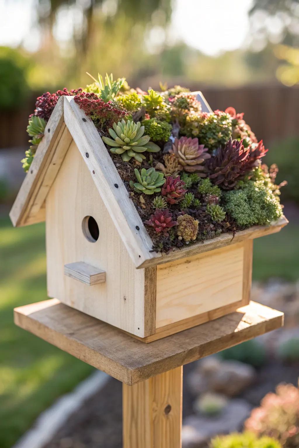 Bring nature's artistry to your garden with a succulent-topped birdhouse, where simplicity meets lush charm.