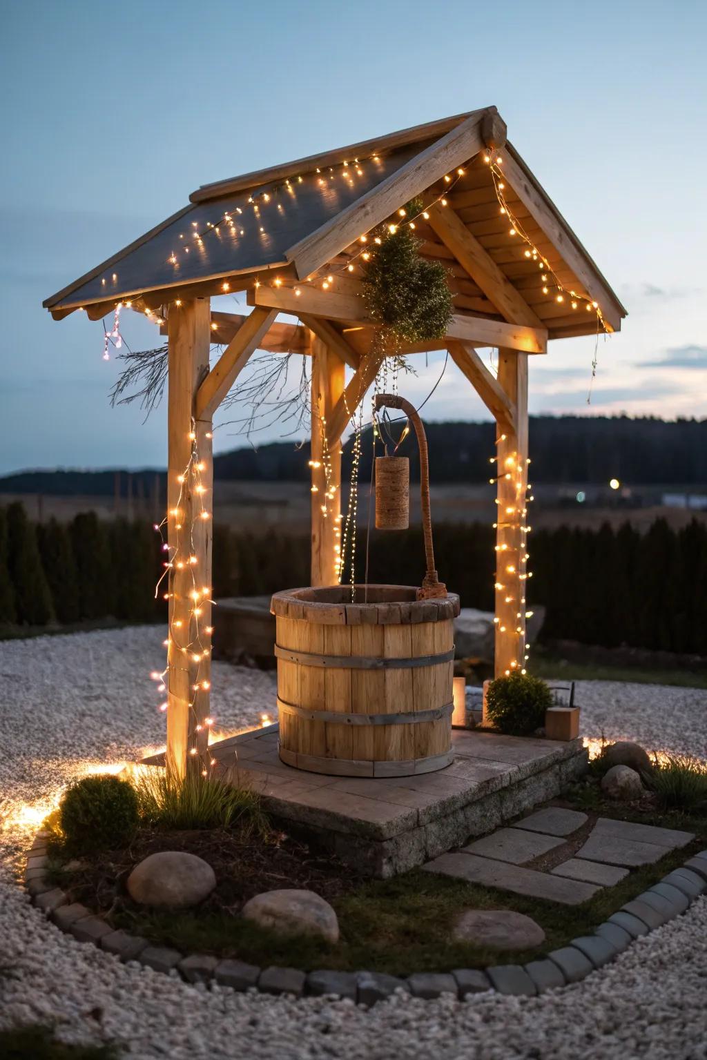 Illuminate your garden with enchanting fairy lights for a whimsical night-time ambience.