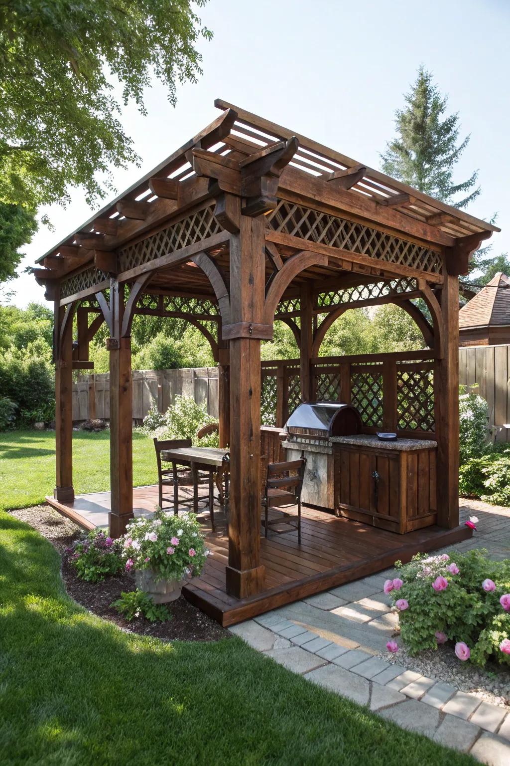 Elevate your outdoor space with this stunning pergola-style grill gazebo, where craftsmanship meets nature.