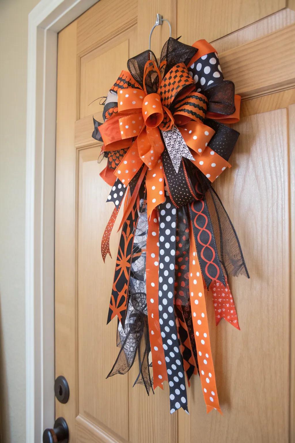 Elevate your Halloween decor with this stunning DIY ribbon and bow door hanger, where minimalist design meets festive flair.