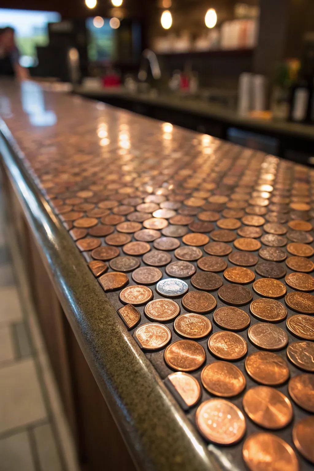 Transform your kitchen with a stunning penny countertop that sparkles with every glance.