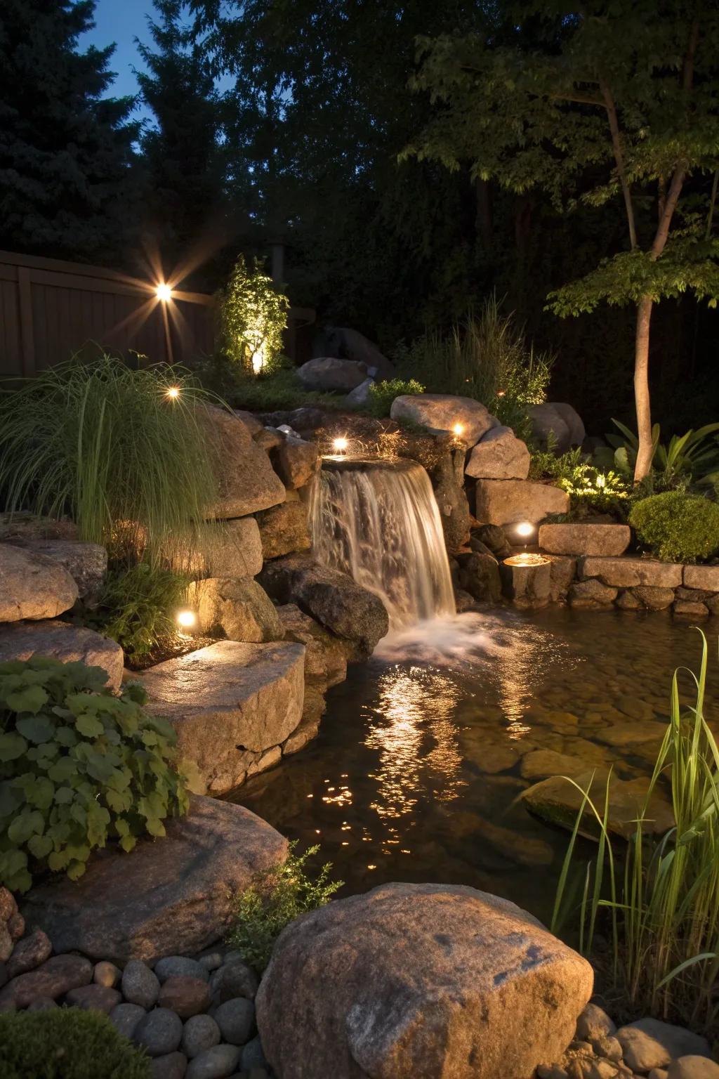 Transform your garden into a nighttime wonderland with a DIY waterfall and enchanting LED glow.