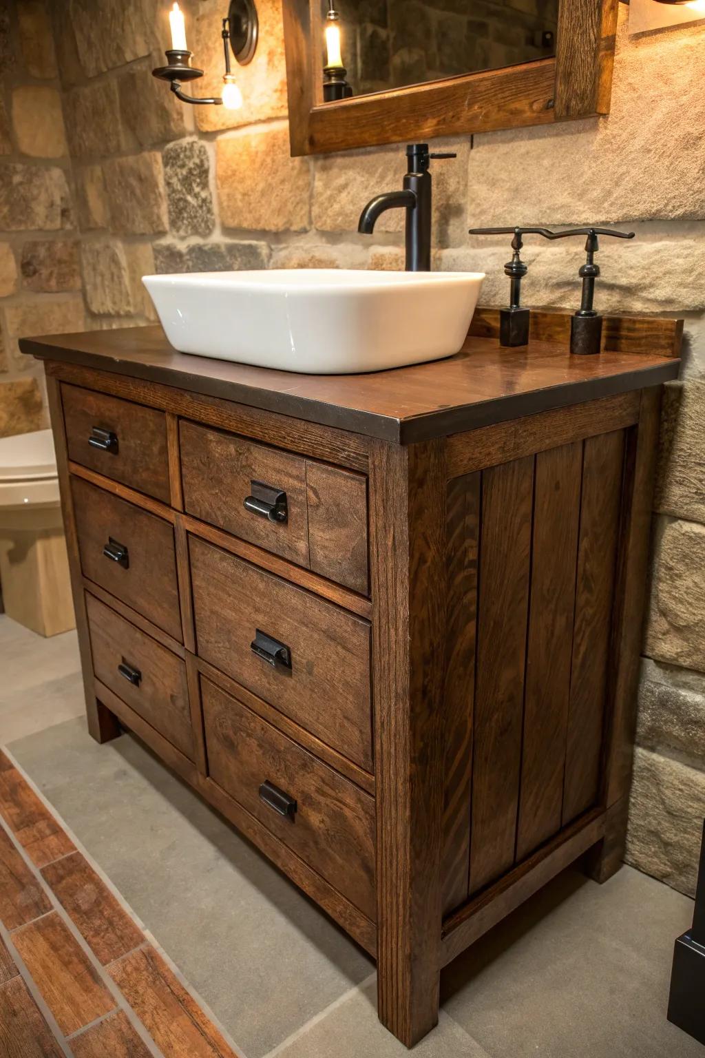 Transform your bathroom with a touch of rustic elegance using a repurposed dresser vanity.