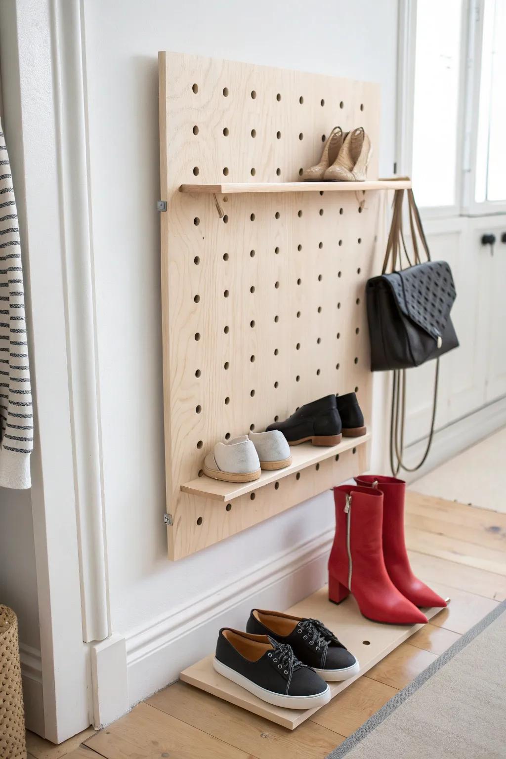 Revamp your entryway with a chic pegboard shoe organizer that blends minimalist design with bold elegance.