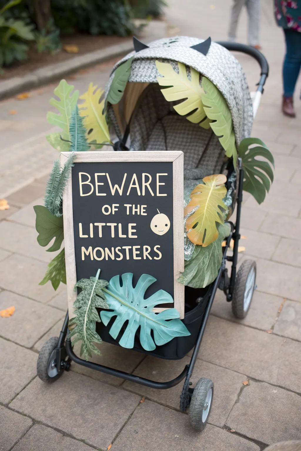 Roar into creativity with this charming DIY dinosaur stroller costume, where bold greens meet minimalist elegance!
