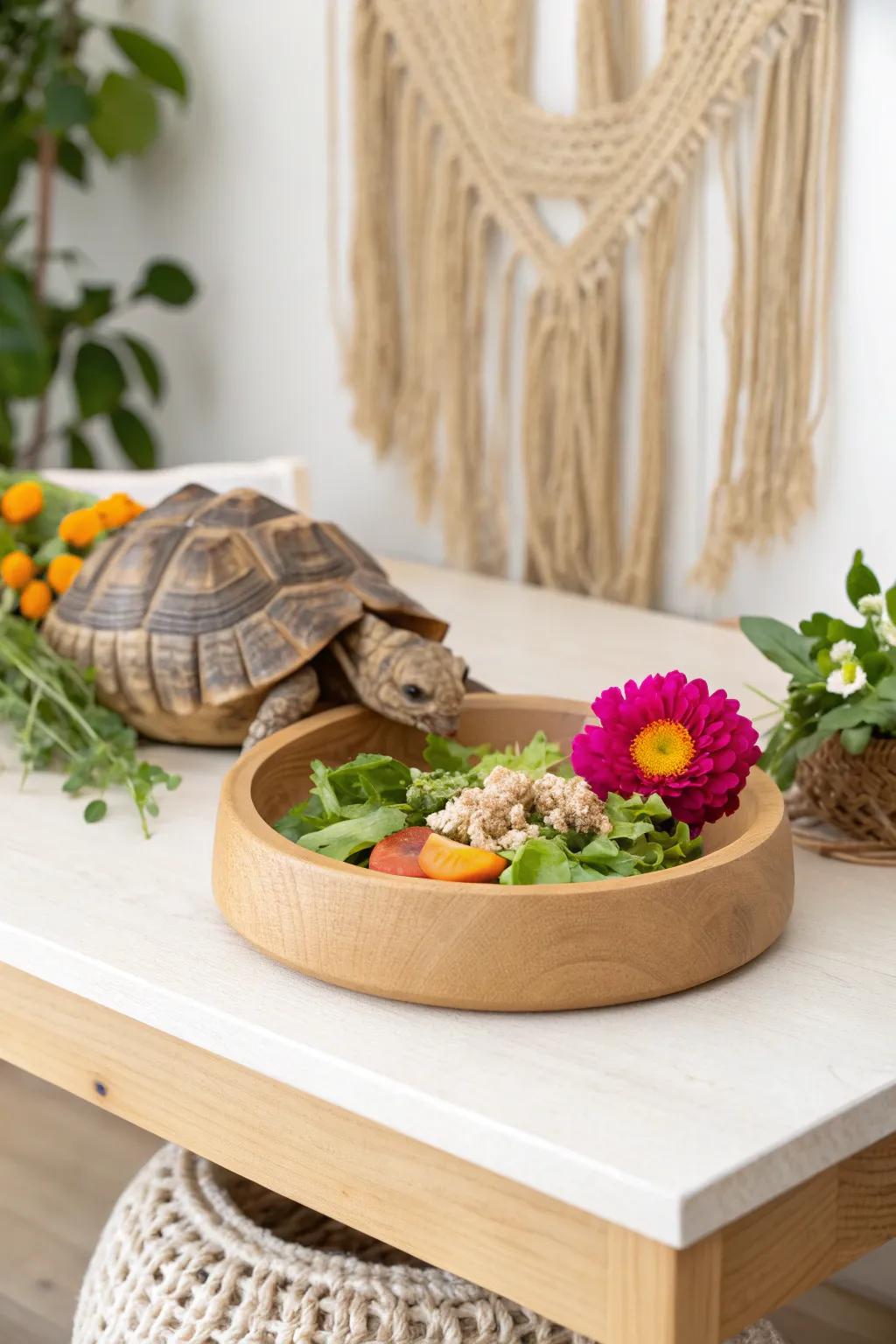 Elevate your tortoise's meal time with a stunningly simple and colorful feeding station.