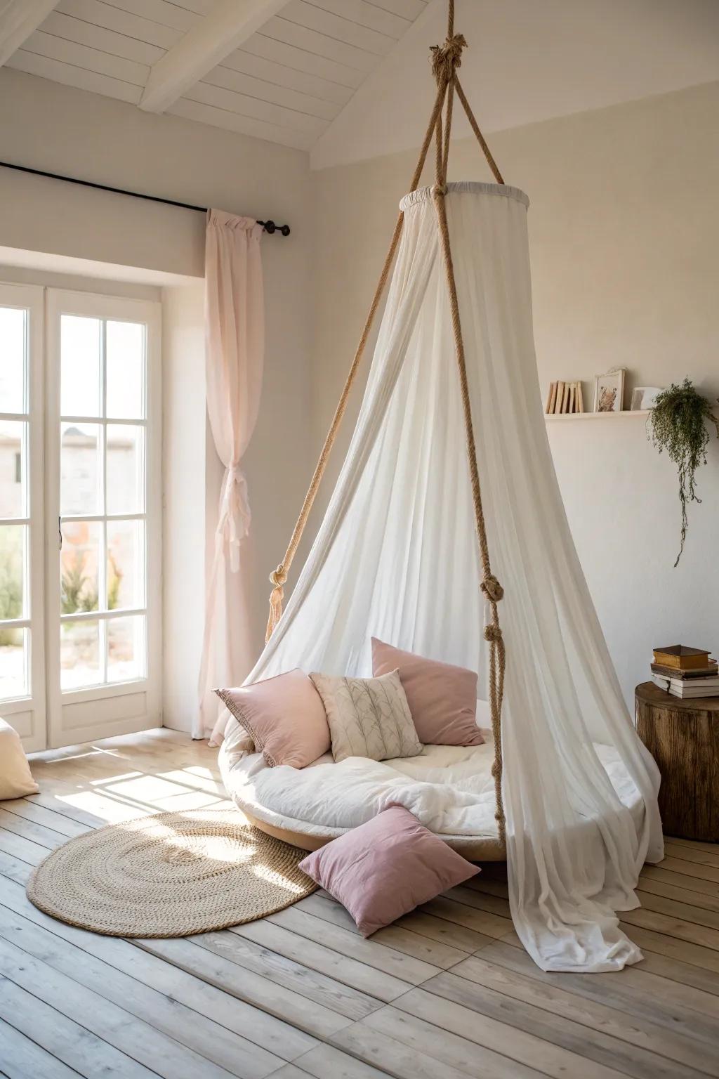 Embrace simplicity and comfort with this DIY bed sheet hammock tent, perfect for a cozy retreat at home.
