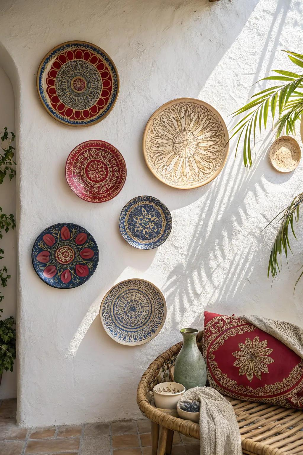 Transform your wall into a canvas of memories with a stunning display of decorative plates that blend minimalist charm with bohemian flair.