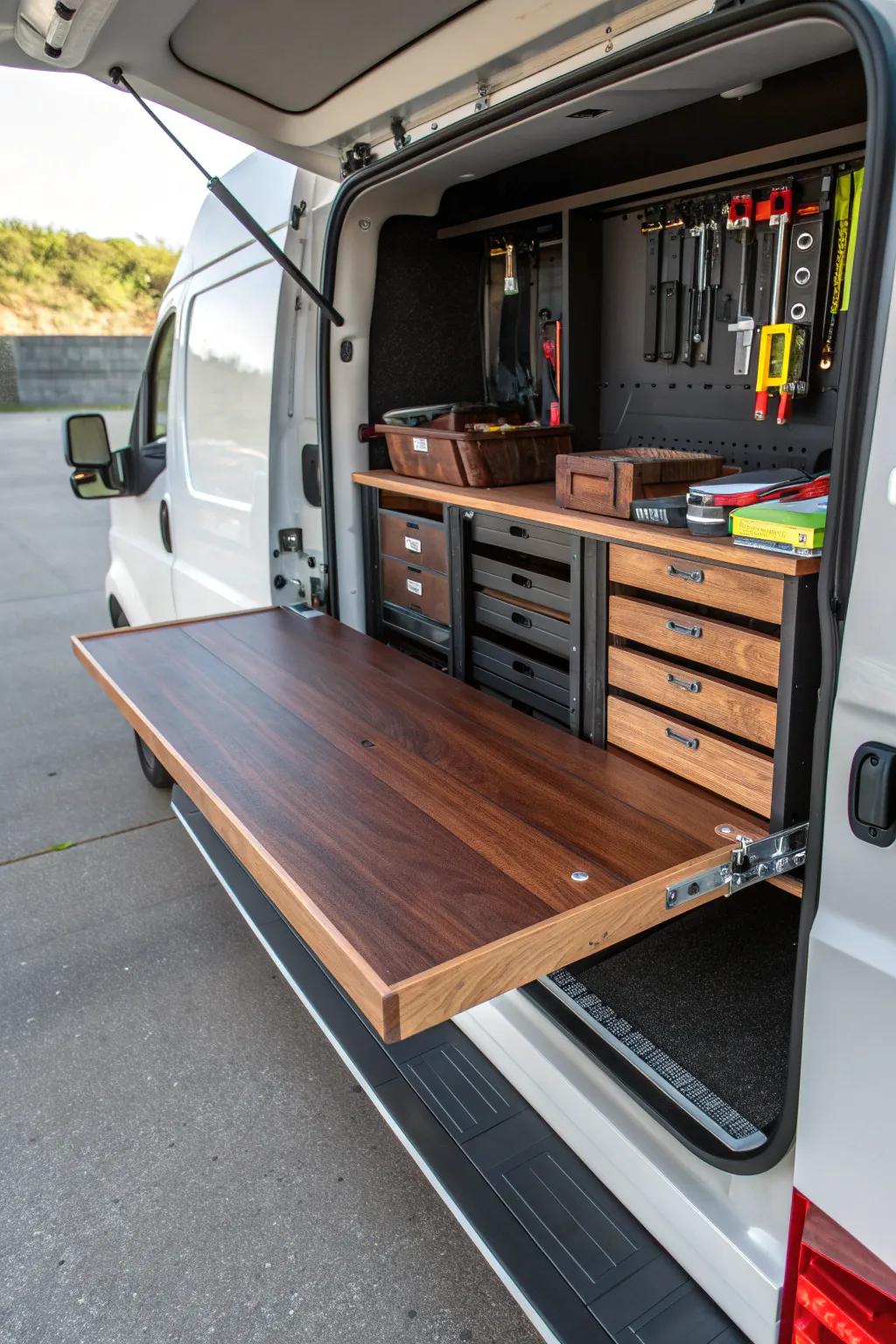 Craft Your Space: Discover the elegance and functionality of a foldable workbench for your work van.