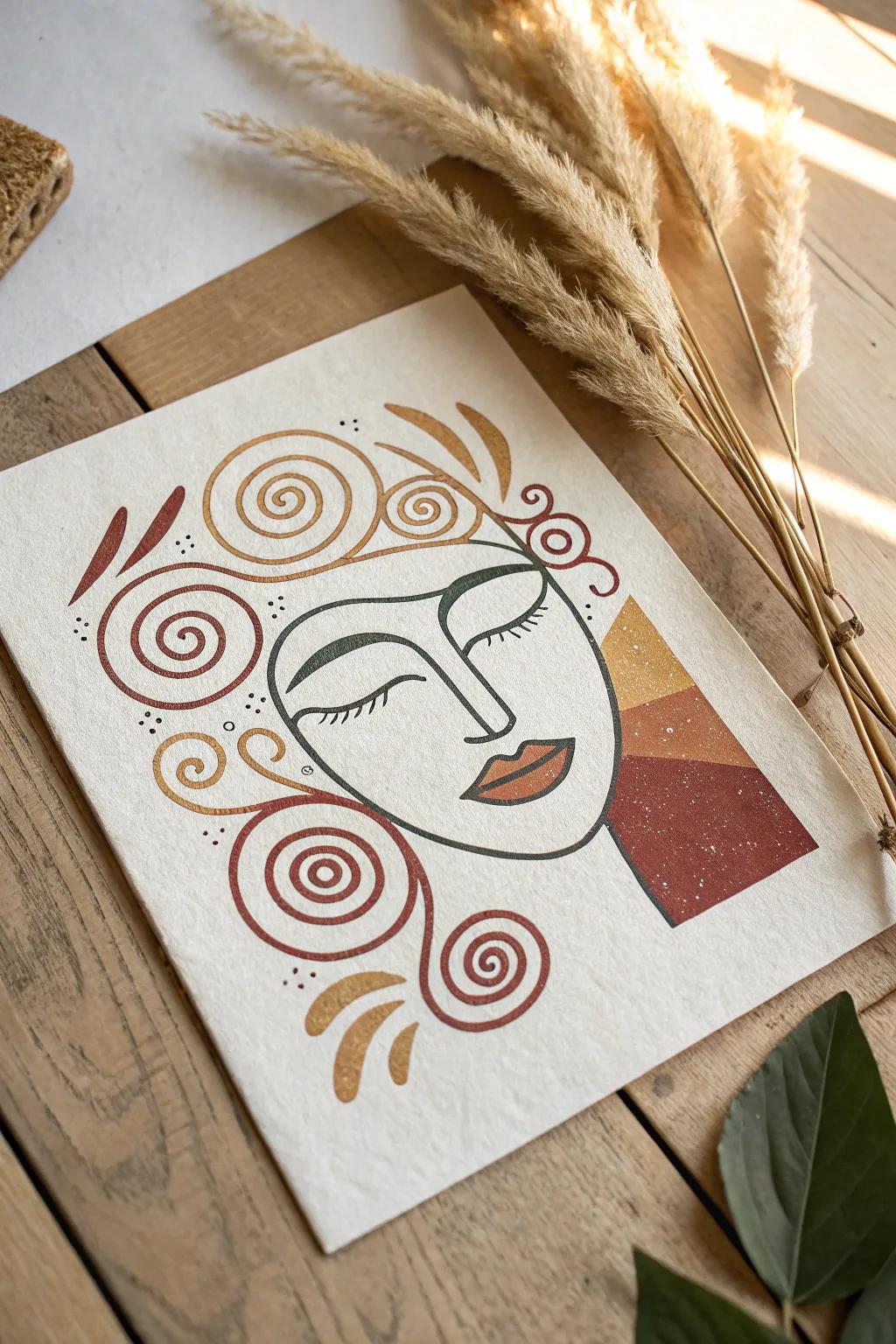 A minimalist masterpiece: abstract faces with a boho twist.