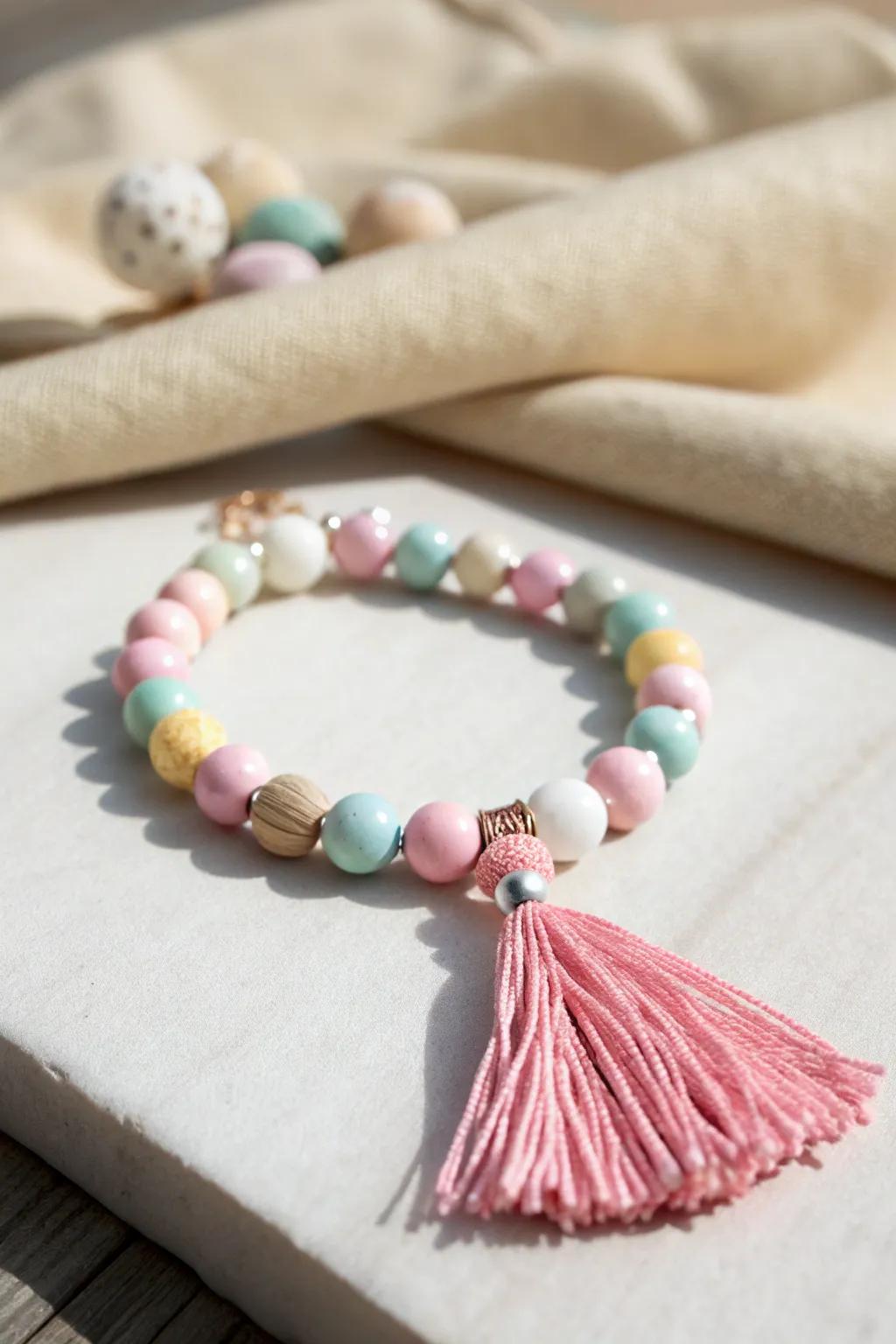 Add a playful touch to your Easter style with a pastel clay bead bracelet, complete with a charming tassel for that perfect boho vibe.