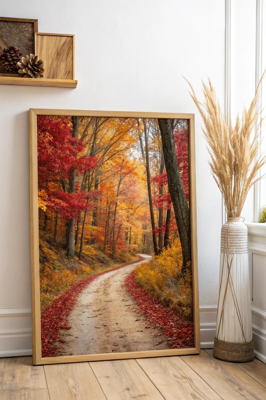 Embrace the warmth of autumn with this elegant forest path painting, a perfect blend of minimalist Scandinavian style and bold Boho colors.