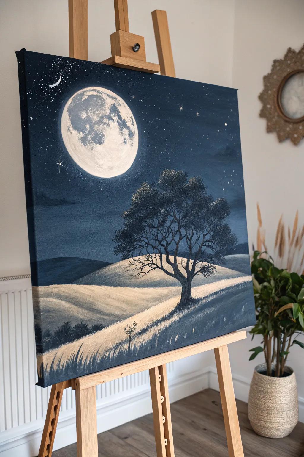 Embrace the serenity of a moonlit night with this minimalist landscape painting.