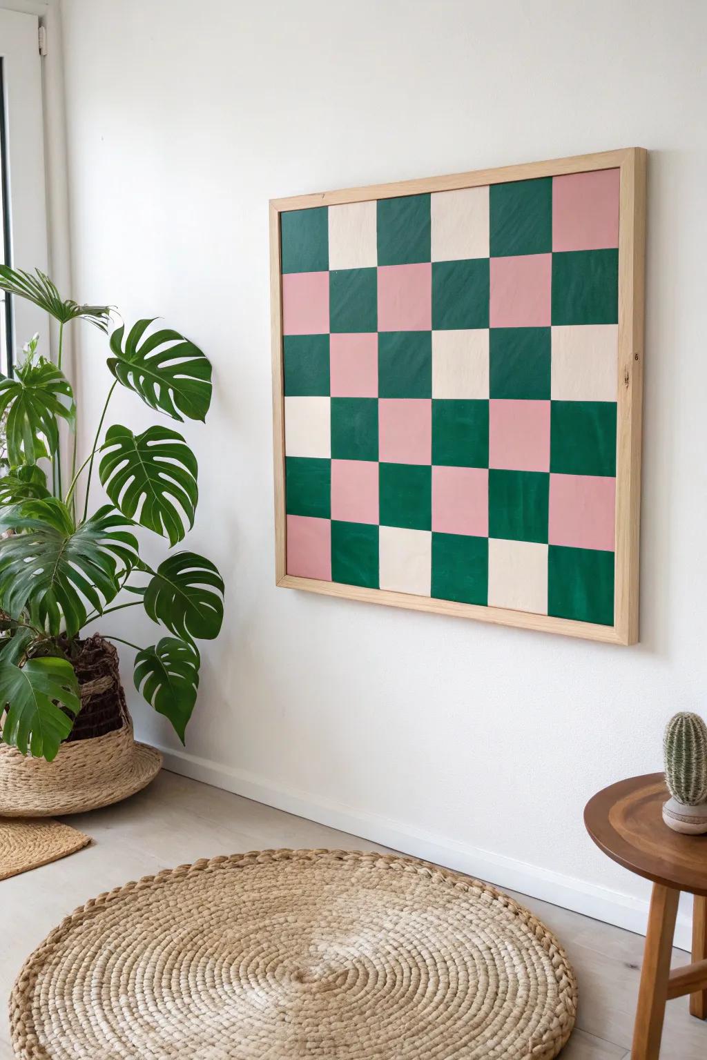 Add a pop of modern charm with this minimalist checkerboard pattern painting, perfect for elevating any space with bold, contrasting colors.