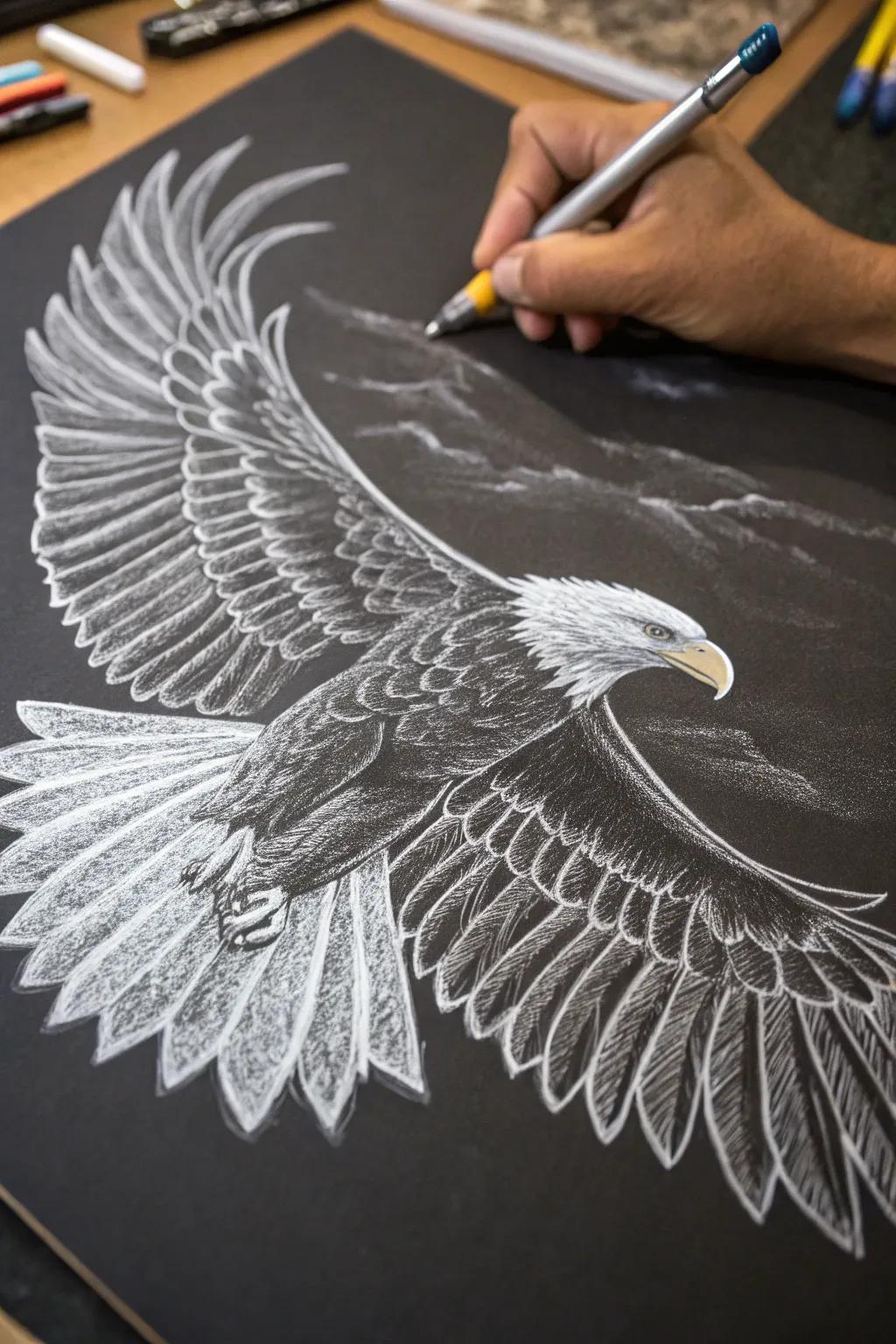 Soar to new heights with this masterful depiction of an eagle in flight, blending the boldness of charcoal with the grace of chalk.