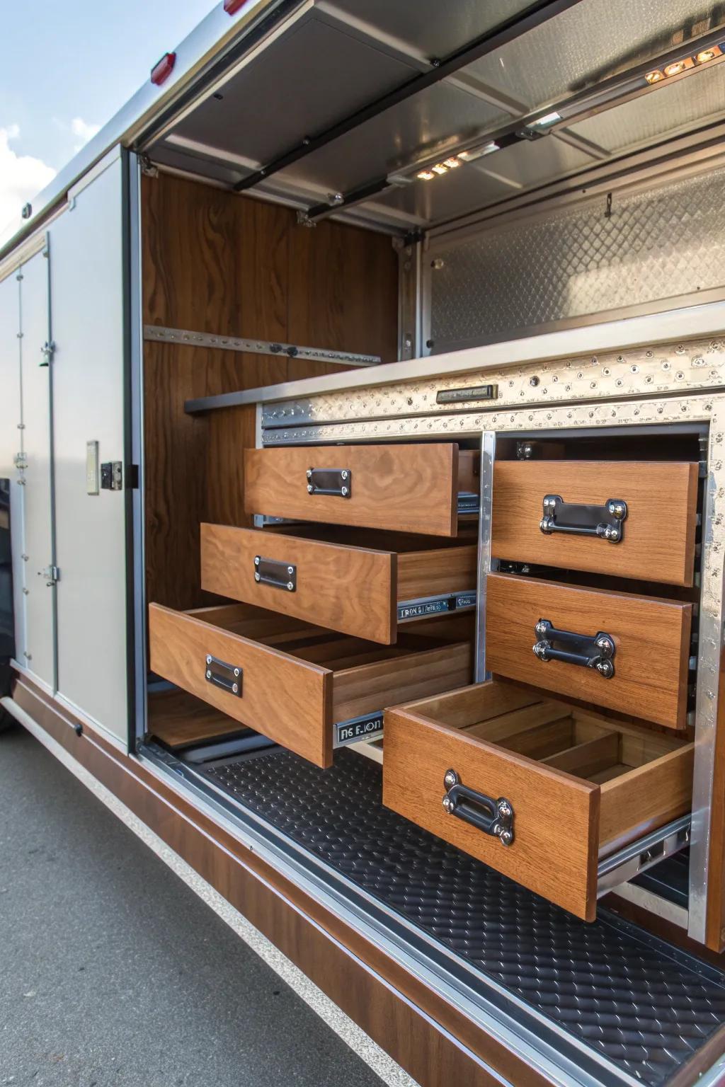 Streamline your workflow with expertly crafted slide-out storage trays—where elegance meets efficiency.