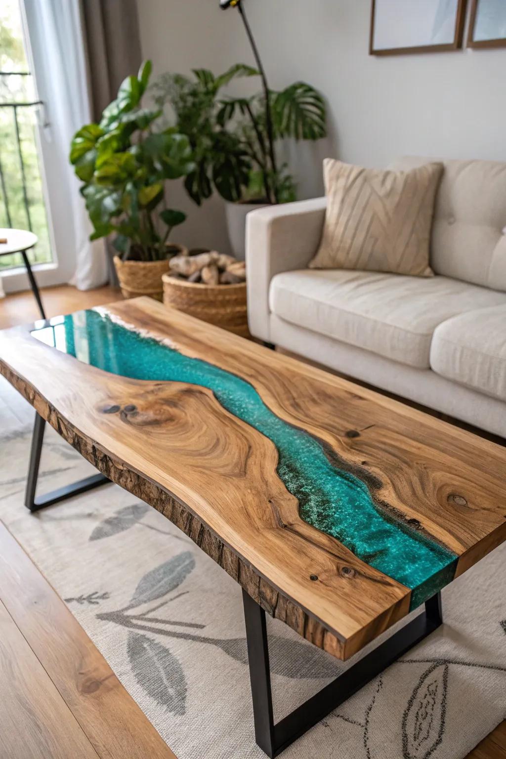 Bring the tranquility of a forest stream into your home with this stunning Rustic River epoxy coffee table.