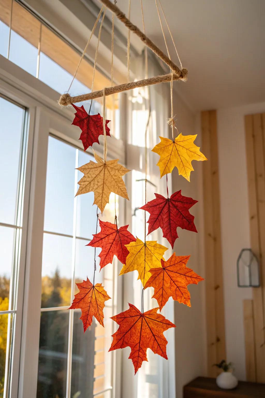 Capture the essence of autumn with a handcrafted leaf mobile, adding a touch of natural beauty to your home.