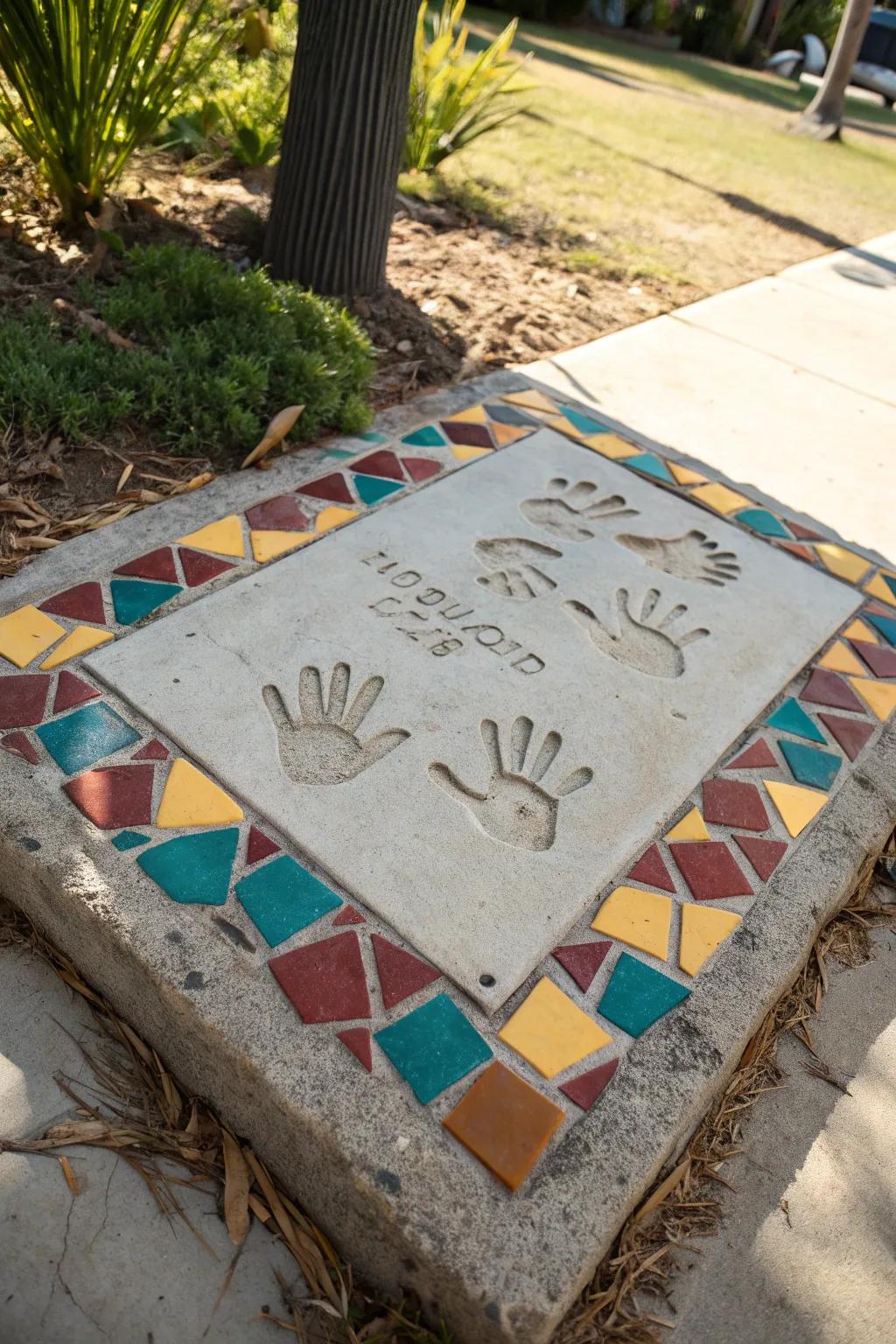 Capture memories with a splash of creativity: Family handprints embraced by a mosaic border.