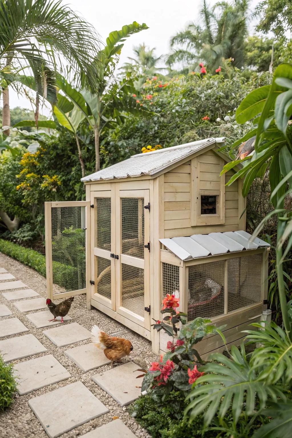 Transform your backyard into a tropical oasis with this chic and minimalist chicken coop design.