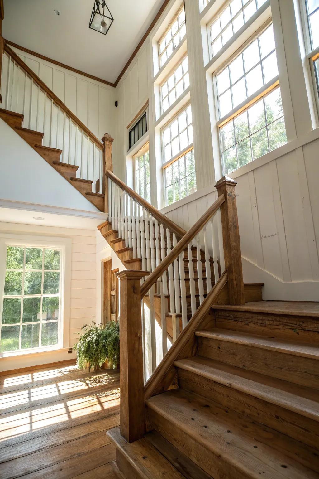 Open risers maintain an airy feel in your farmhouse staircase.