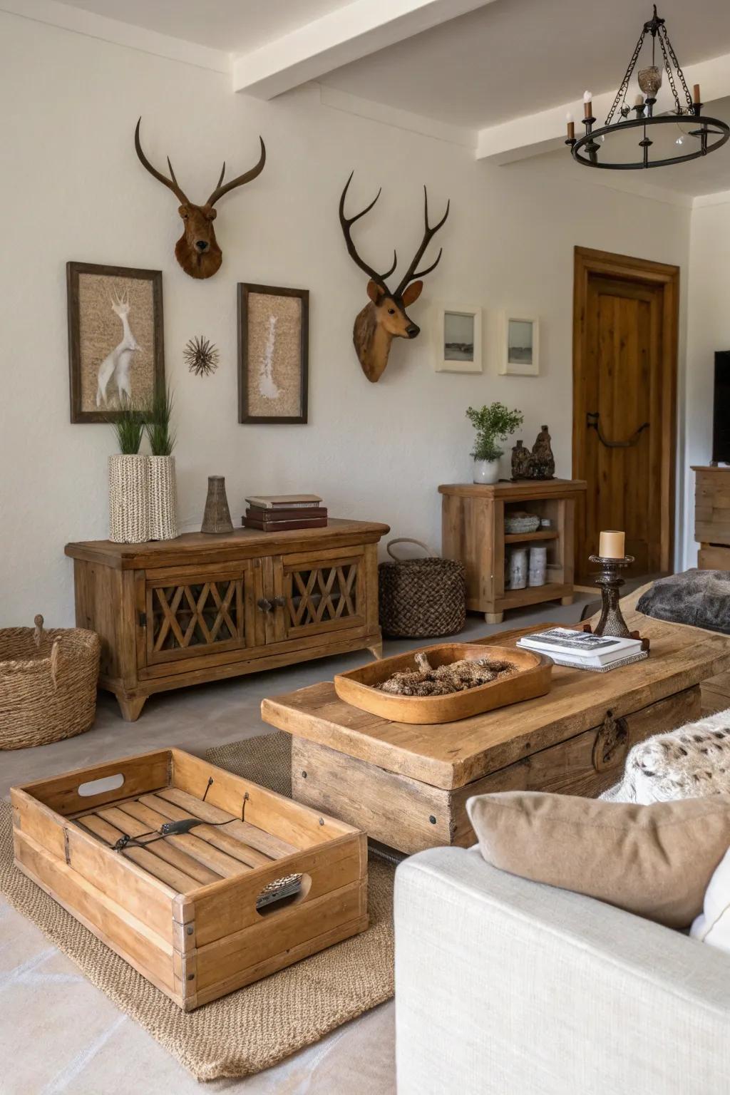 Rustic accessories can serve as unique decorative focal points.