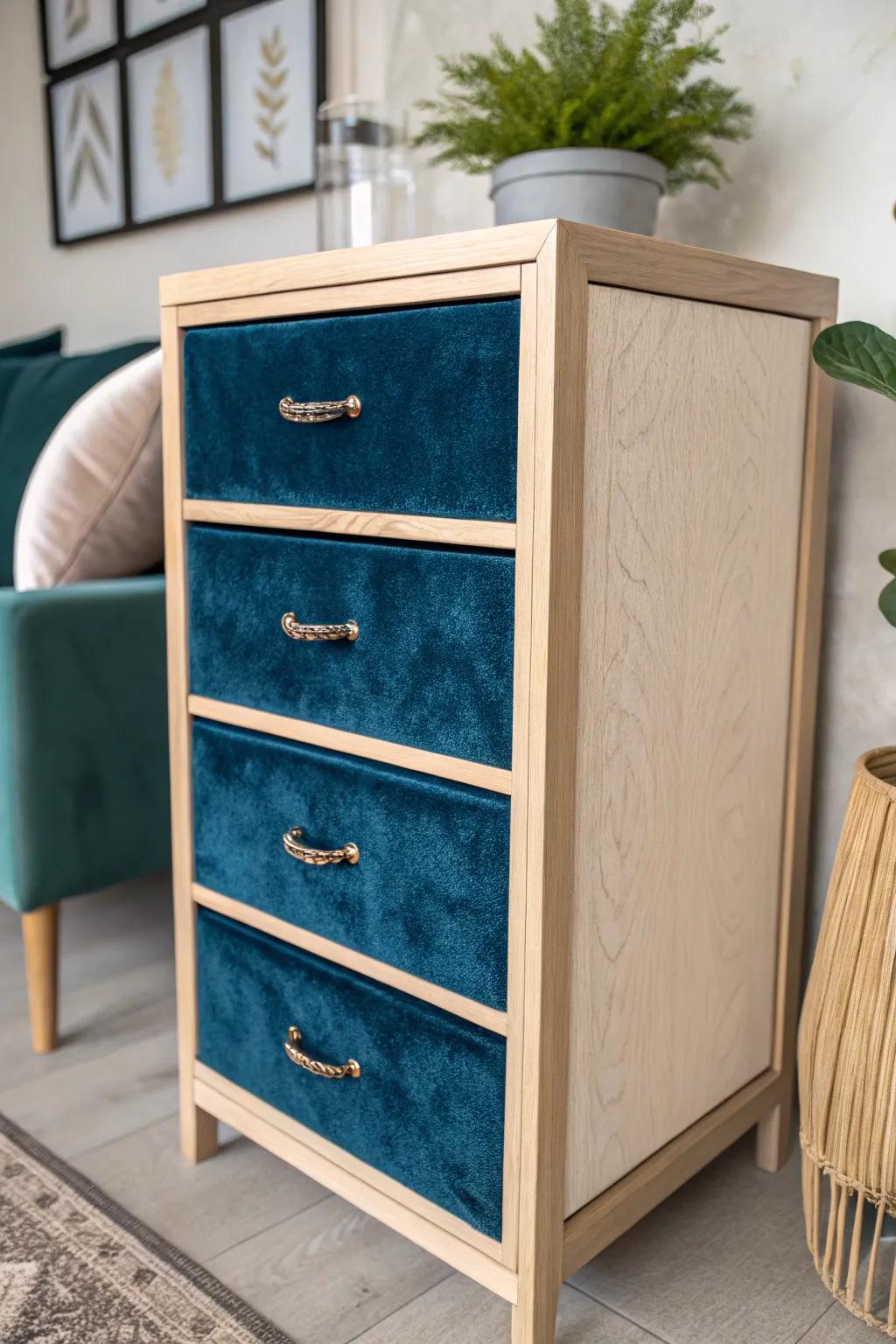 Transform your space with a touch of luxury: velvet-clad file cabinets for a cozy, chic look.