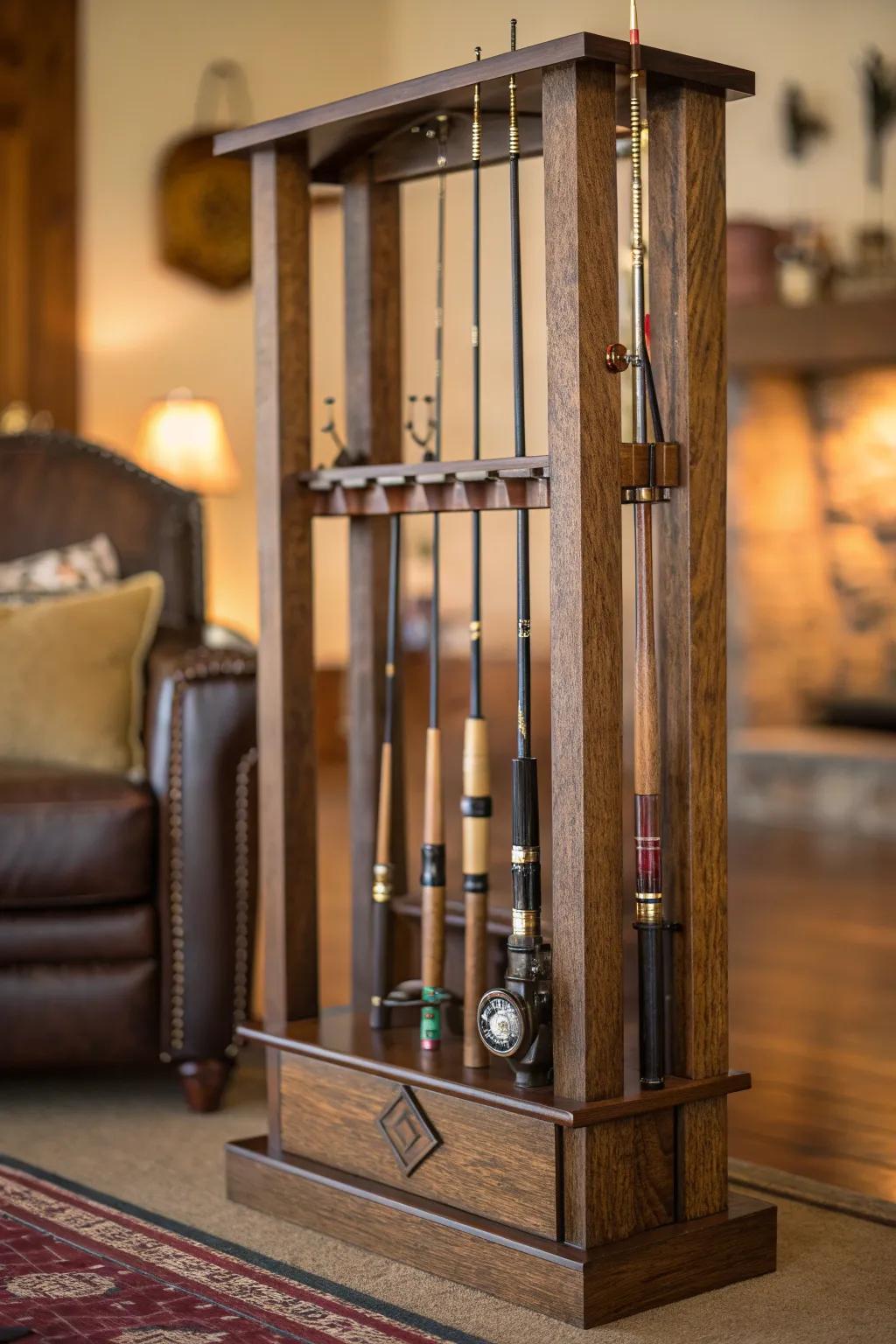 Elevate your space with a handcrafted freestanding fishing rod rack that marries elegance and functionality.
