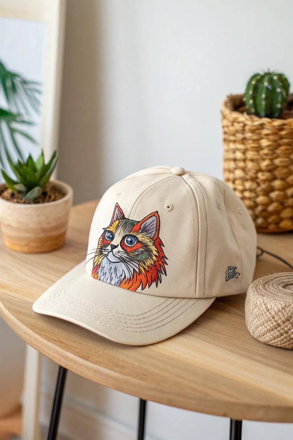 Wear your heart on your hat with this stunning pet portrait embroidery, a perfect blend of minimalism and bold beauty.