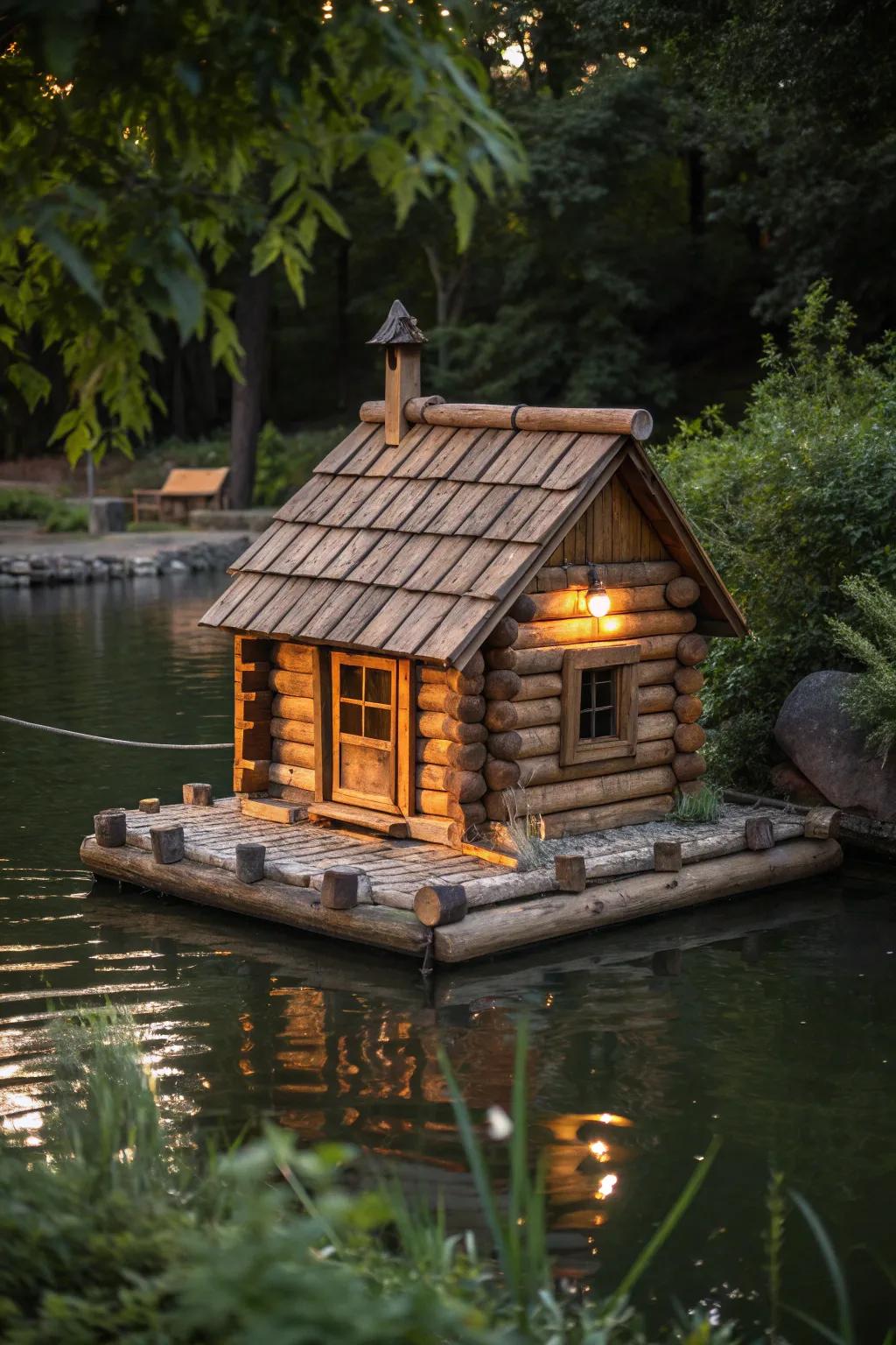 A rustic haven on the water: Crafted with care, this floating duck house combines charm and durability for a perfect woodland retreat.