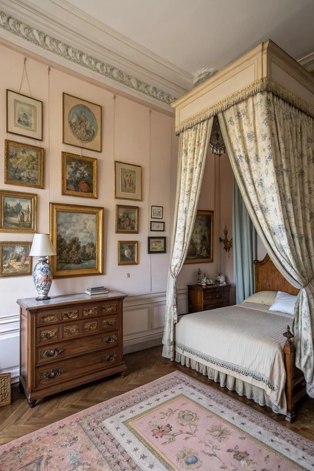 Classic artwork enhances the character of this French bedroom.