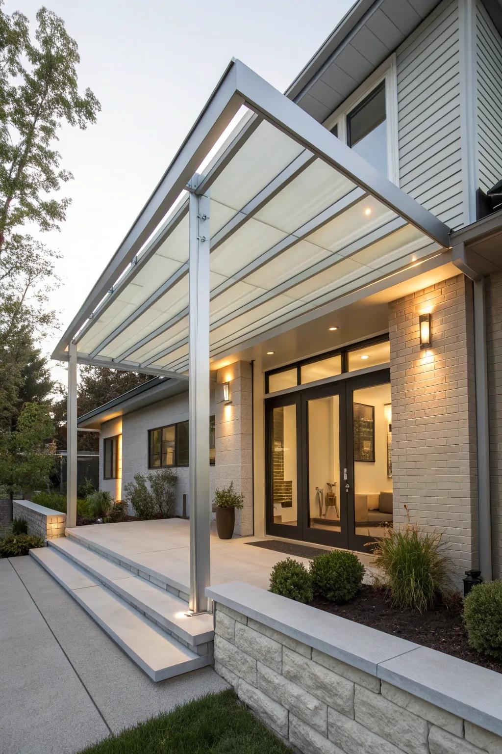 Elevate your home's entrance with a modern fiberglass and aluminum pergola—where style meets low-maintenance elegance.
