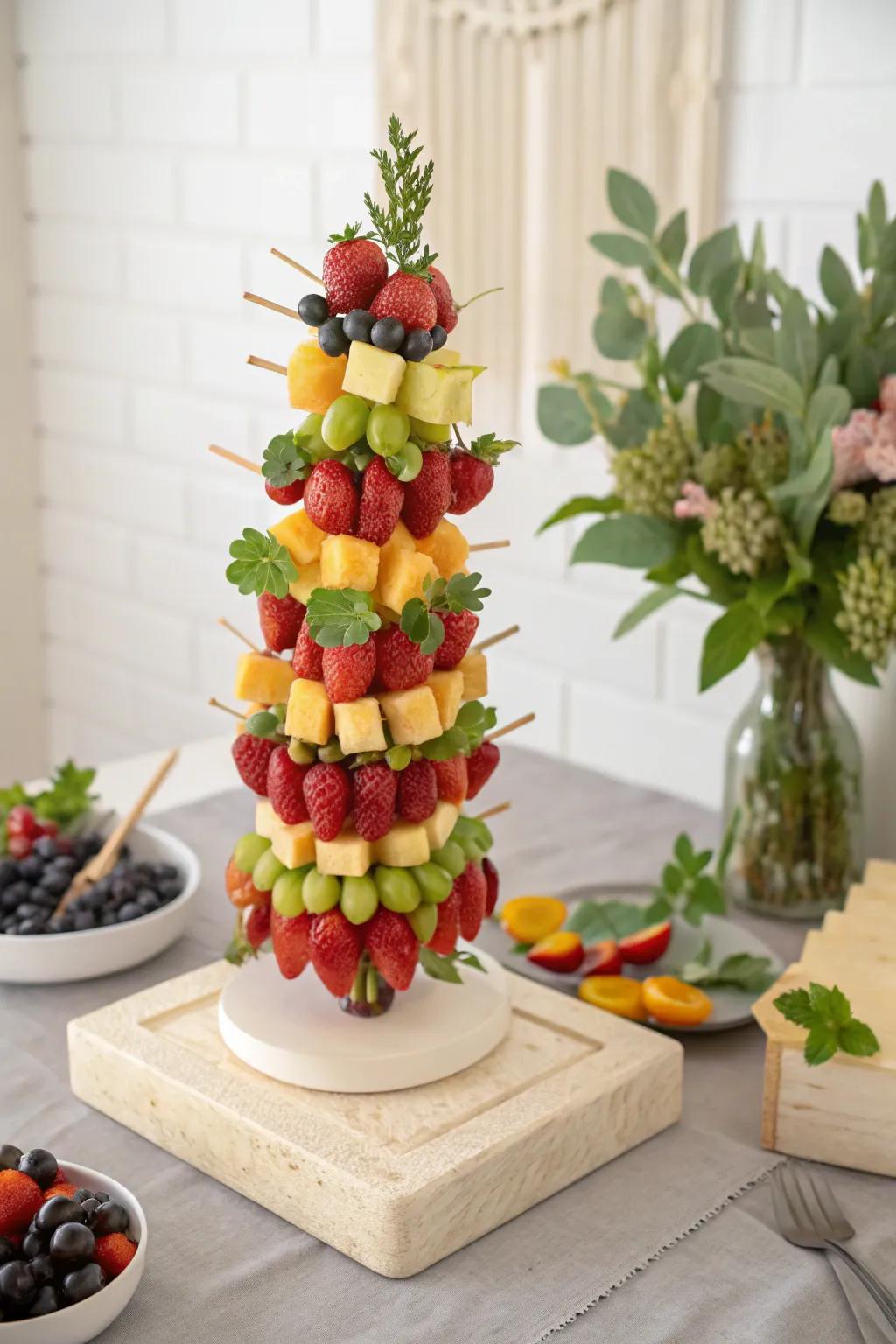 Bring the outdoors in with a stunning Tree of Life fruit kabob display that merges nature with minimalist elegance.
