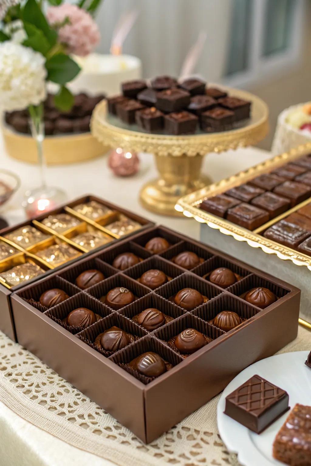 Decadent fudge in edible chocolate boxes.