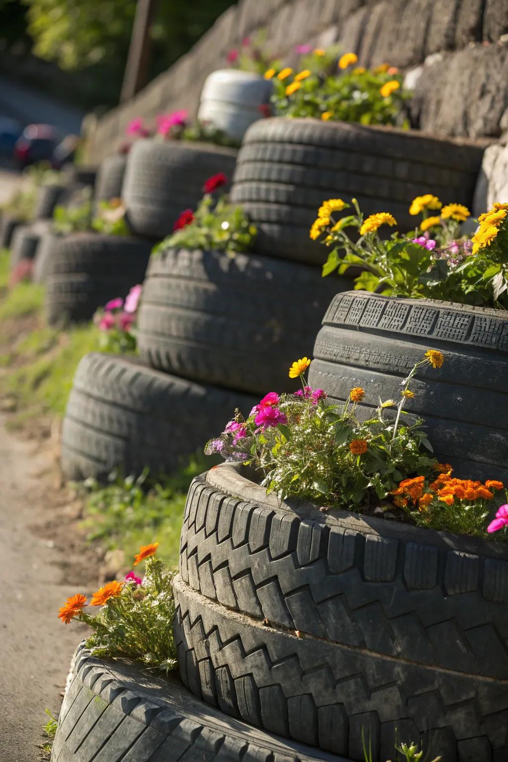 Revitalize your garden with a pop of color and craftsmanship: a tire retaining wall bursting with blooms.