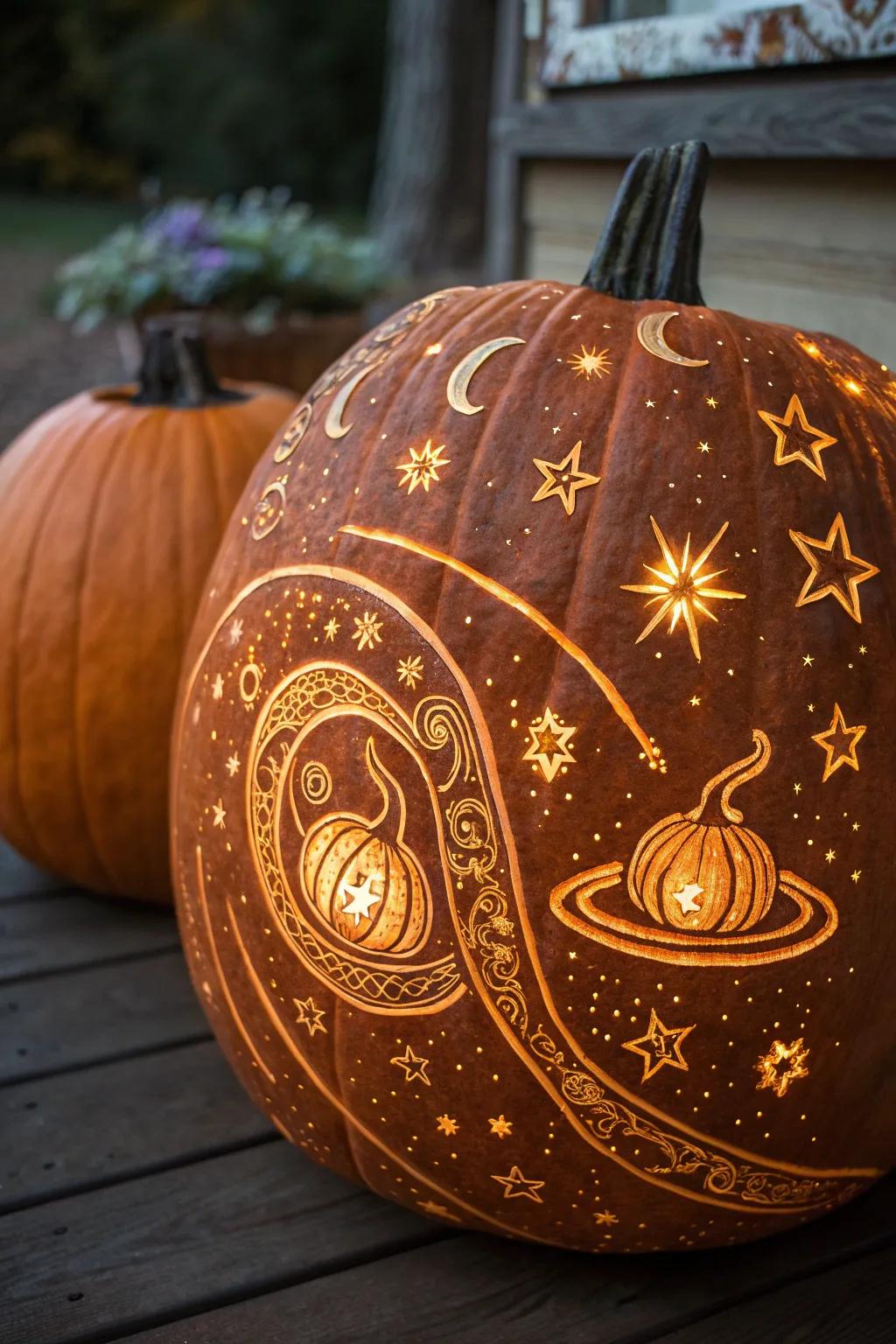Craft a universe on your doorstep with this cosmic pumpkin masterpiece.