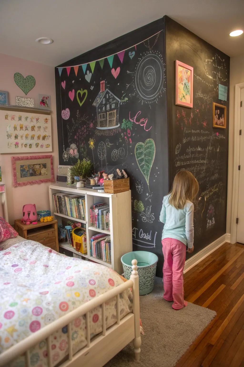 A chalkboard wall encourages creativity and personal expression.