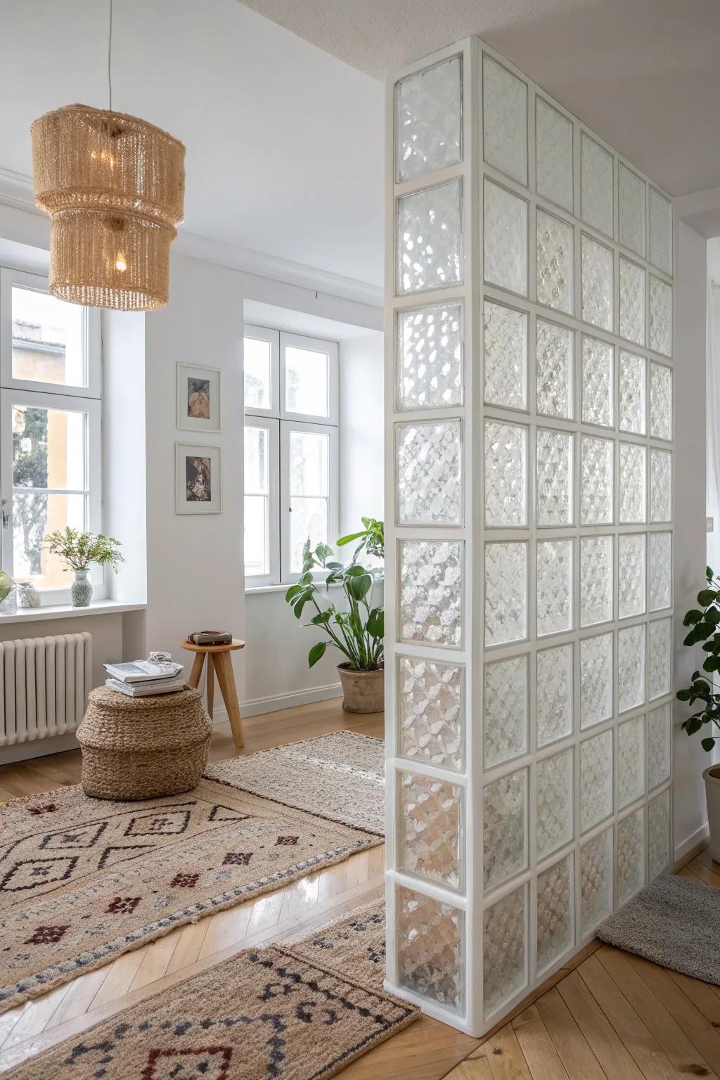 Elevate your space with a floating glass block divider—where light meets artistry.