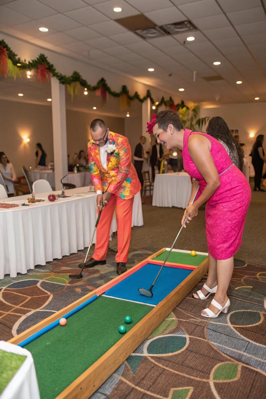 Guests enjoy a fun round of mini-golf at the wedding reception.