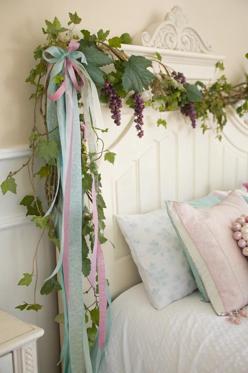 A dreamy grapevine swag adds romance to a bedroom.