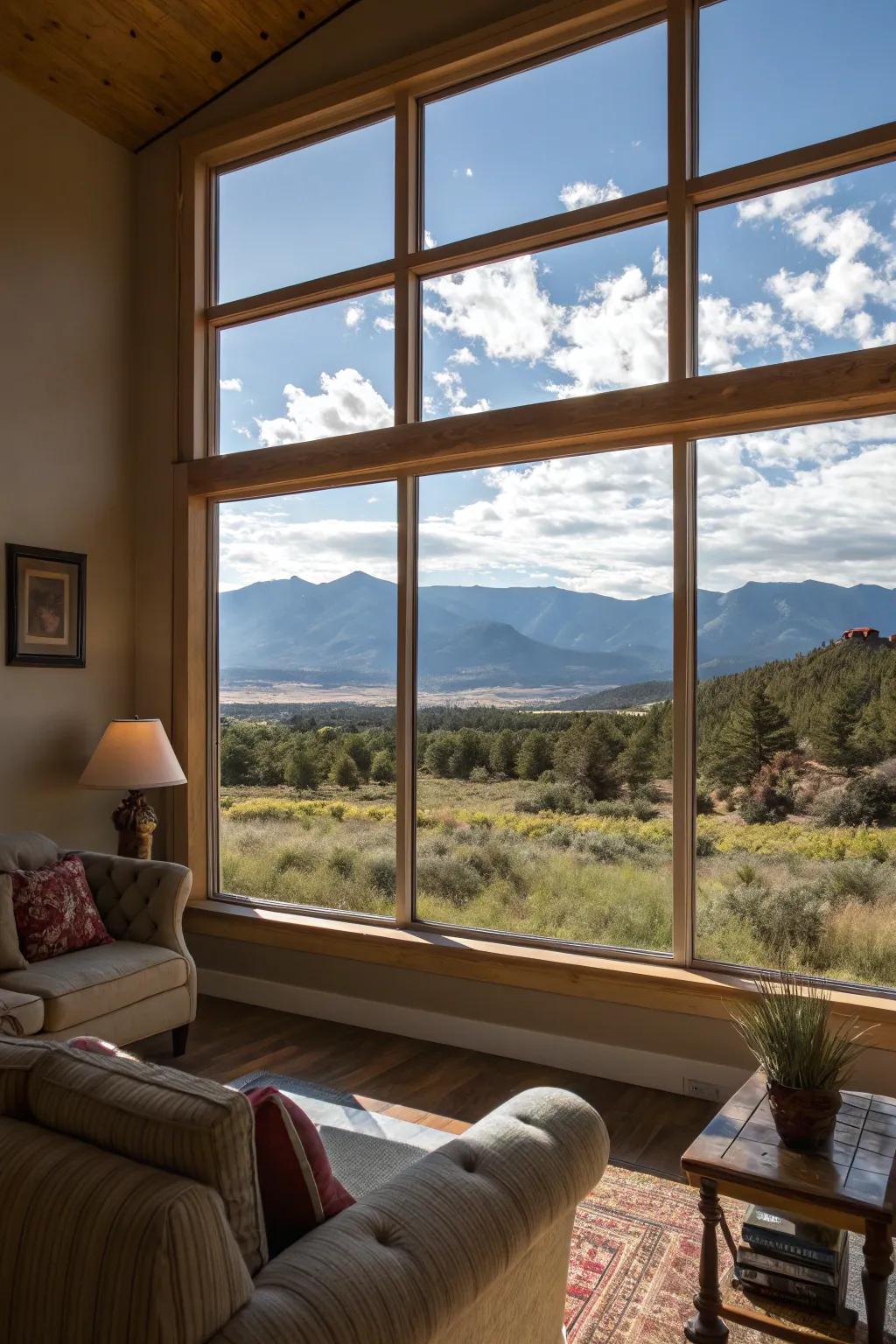 A breathtaking view through an oversized picture window in a contemporary living room.