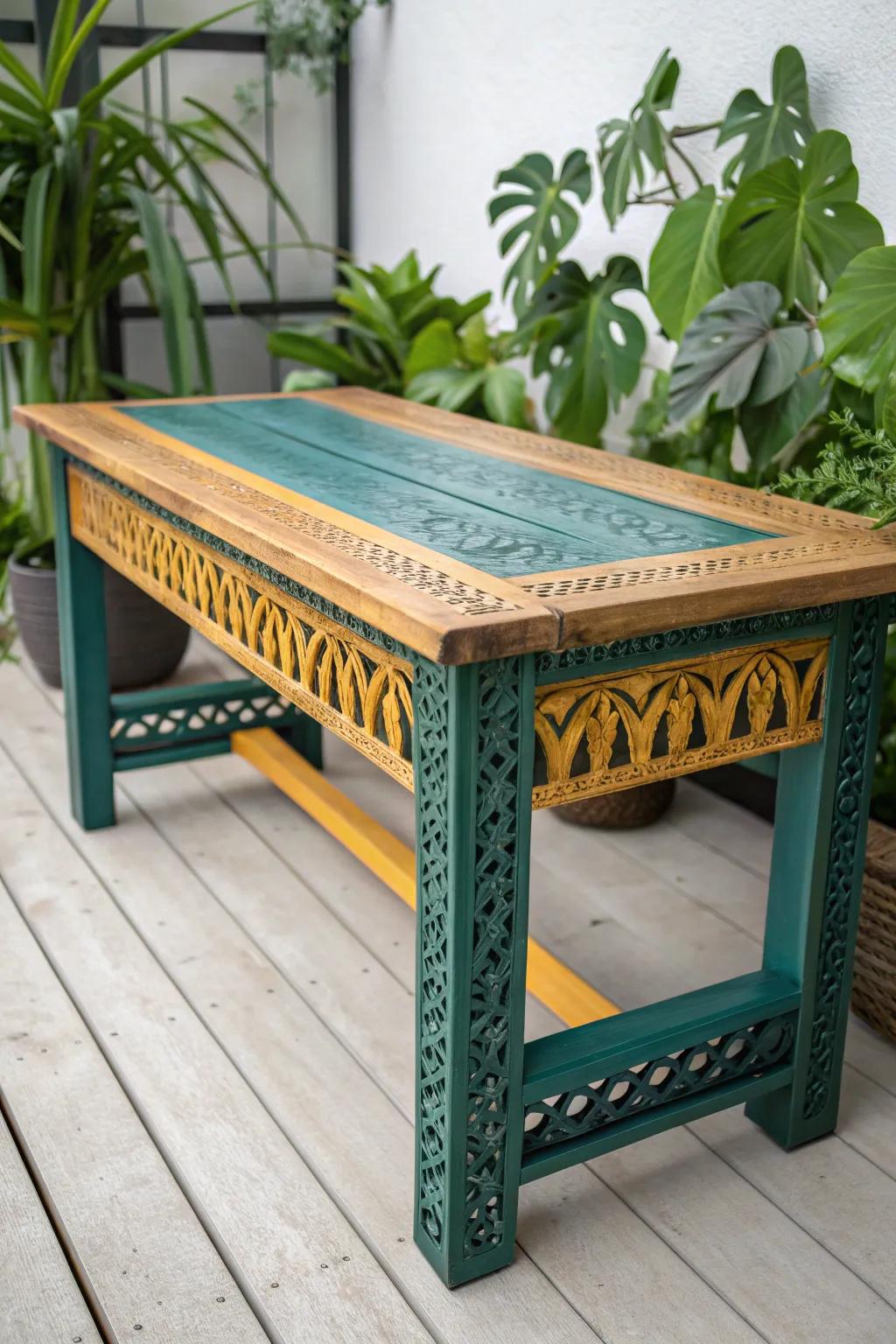 Infuse your style into your greenhouse table with bold colors and intricate carvings for a stunning personal touch.